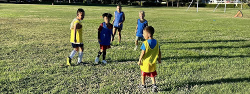 Five children playing soccer